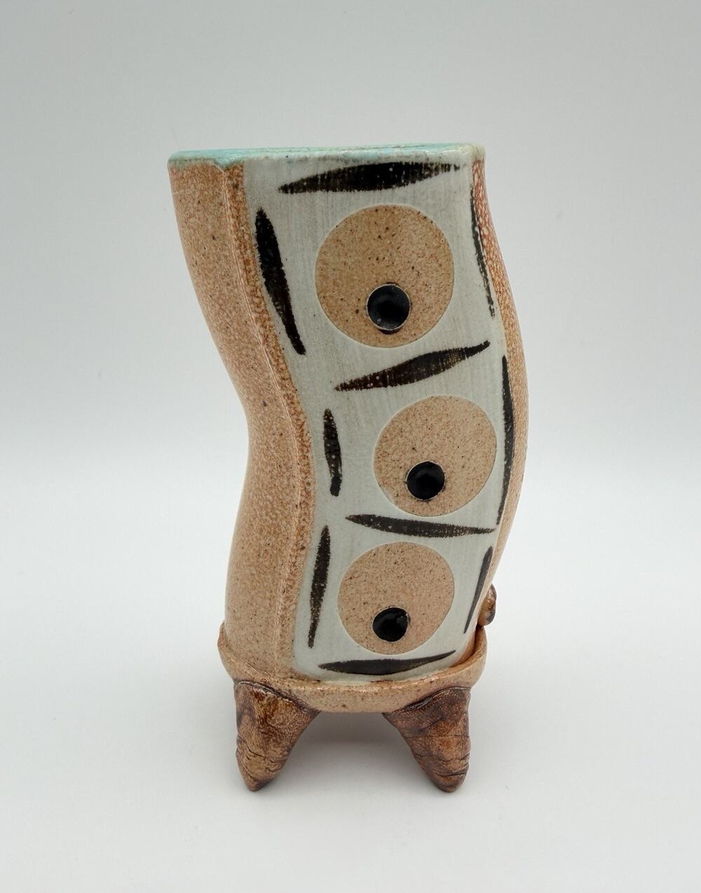 Handmade Studio Pottery Brown Three Eye Footed Vase 5.5” Monster Abstract Signed